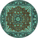 Round Machine Washable Medallion Turquoise Traditional Area Rugs, wshtr1693turq