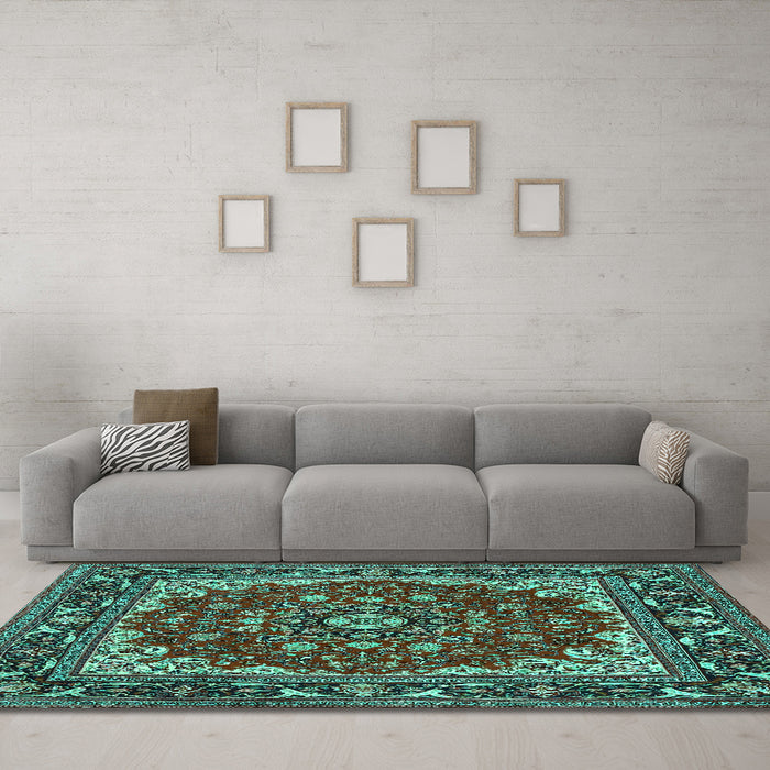 Machine Washable Medallion Turquoise Traditional Area Rugs in a Living Room,, wshtr1693turq