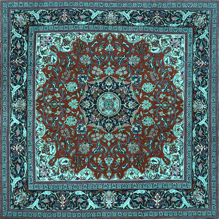 Square Machine Washable Medallion Light Blue Traditional Rug, wshtr1693lblu
