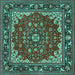 Square Machine Washable Medallion Turquoise Traditional Area Rugs, wshtr1693turq