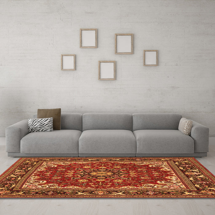 Machine Washable Medallion Orange Traditional Area Rugs in a Living Room, wshtr1693org