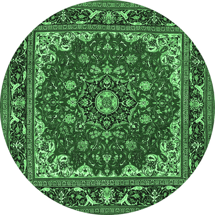 Round Machine Washable Medallion Emerald Green Traditional Area Rugs, wshtr1693emgrn