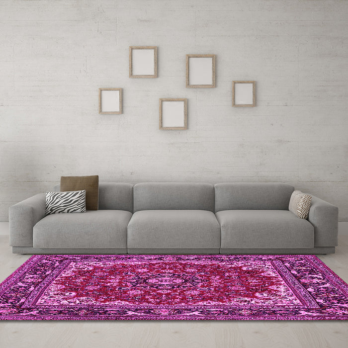 Machine Washable Medallion Pink Traditional Rug in a Living Room, wshtr1693pnk