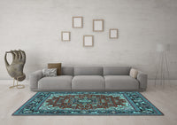 Machine Washable Medallion Light Blue Traditional Rug, wshtr1693lblu