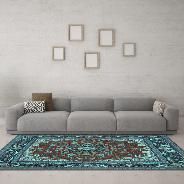Machine Washable Medallion Light Blue Traditional Rug in a Living Room, wshtr1693lblu