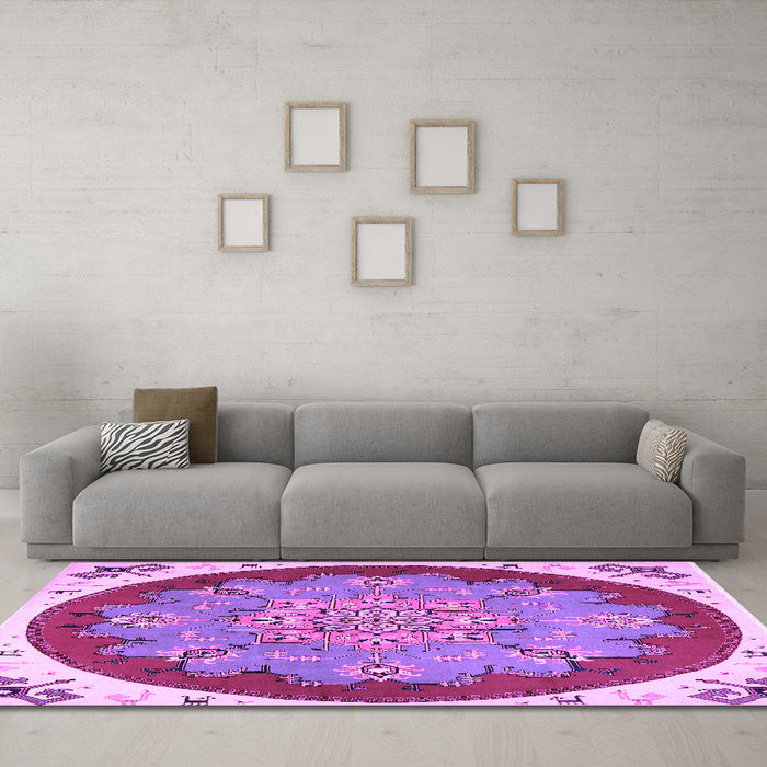 Machine Washable Medallion Purple Traditional Area Rugs in a Living Room, wshtr1694pur