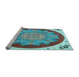 Sideview of Machine Washable Medallion Light Blue Traditional Rug, wshtr1694lblu