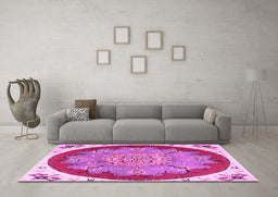 Machine Washable Medallion Pink Traditional Rug in a Living Room, wshtr1694pnk