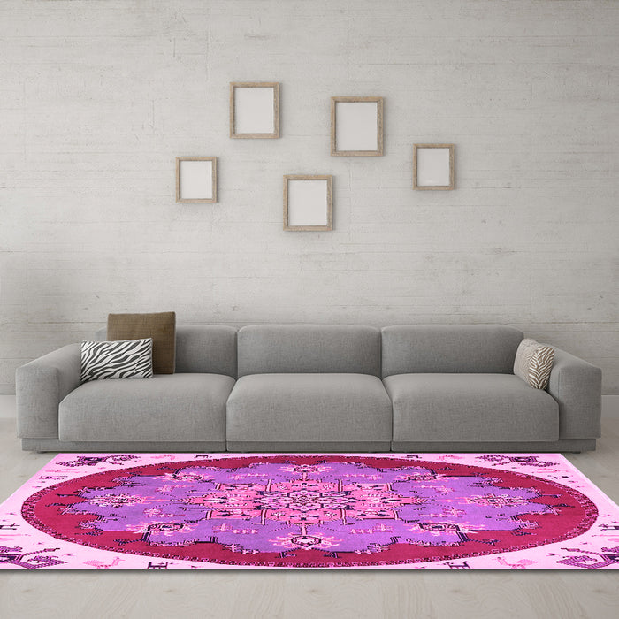 Machine Washable Medallion Pink Traditional Rug in a Living Room, wshtr1694pnk