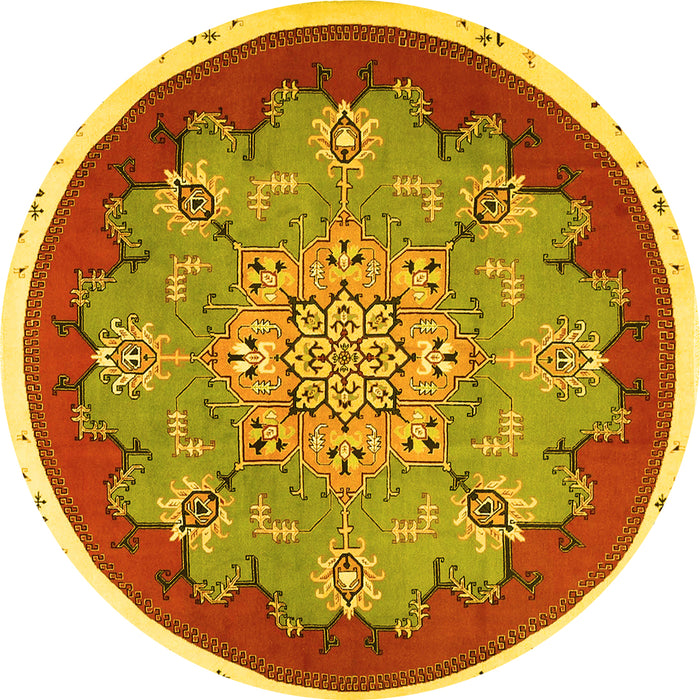 Round Machine Washable Medallion Yellow Traditional Rug, wshtr1694yw