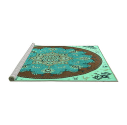Sideview of Machine Washable Medallion Turquoise Traditional Area Rugs, wshtr1694turq