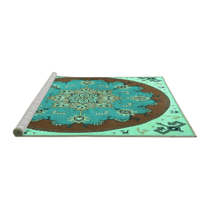 Sideview of Machine Washable Medallion Turquoise Traditional Area Rugs, wshtr1694turq