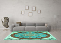 Machine Washable Medallion Turquoise Traditional Rug, wshtr1694turq