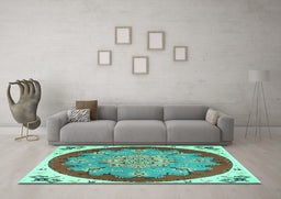 Machine Washable Medallion Turquoise Traditional Area Rugs in a Living Room,, wshtr1694turq