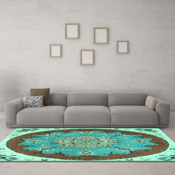 Machine Washable Medallion Turquoise Traditional Area Rugs in a Living Room,, wshtr1694turq