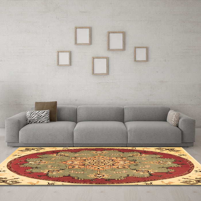 Machine Washable Medallion Brown Traditional Rug in a Living Room,, wshtr1694brn