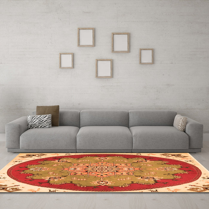 Machine Washable Medallion Orange Traditional Area Rugs in a Living Room, wshtr1694org