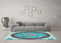 Machine Washable Medallion Light Blue Traditional Rug, wshtr1694lblu