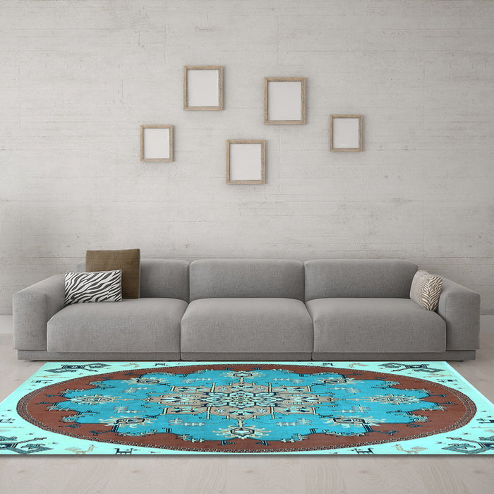 Machine Washable Medallion Light Blue Traditional Rug in a Living Room, wshtr1694lblu