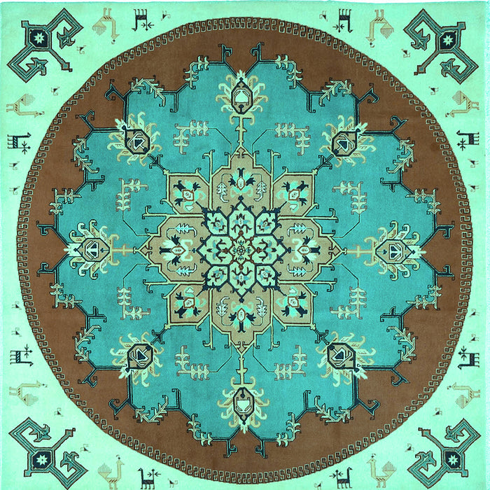 Square Machine Washable Medallion Turquoise Traditional Area Rugs, wshtr1694turq