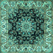 Square Machine Washable Medallion Turquoise Traditional Area Rugs, wshtr1695turq