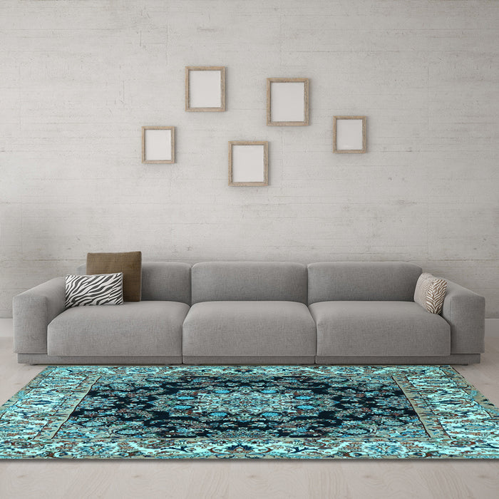 Machine Washable Medallion Light Blue Traditional Rug in a Living Room, wshtr1695lblu
