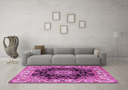 Machine Washable Medallion Pink Traditional Rug in a Living Room, wshtr1695pnk
