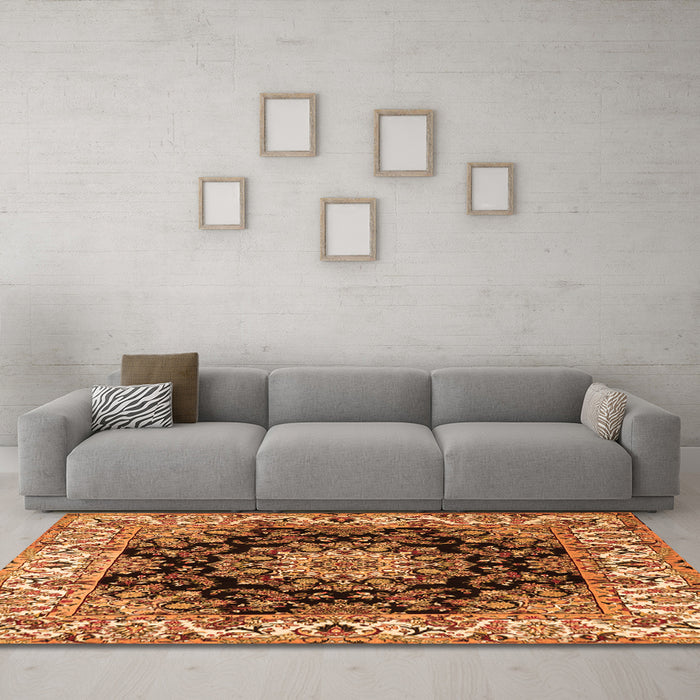 Machine Washable Medallion Orange Traditional Area Rugs in a Living Room, wshtr1695org