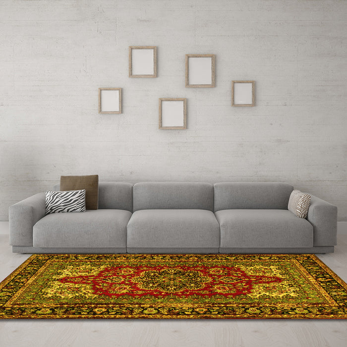 Machine Washable Medallion Yellow Traditional Rug in a Living Room, wshtr1696yw