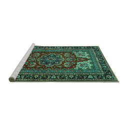 Sideview of Machine Washable Medallion Turquoise Traditional Area Rugs, wshtr1696turq