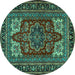 Round Machine Washable Medallion Turquoise Traditional Area Rugs, wshtr1696turq