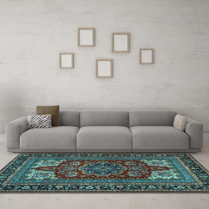 Machine Washable Medallion Light Blue Traditional Rug in a Living Room, wshtr1696lblu