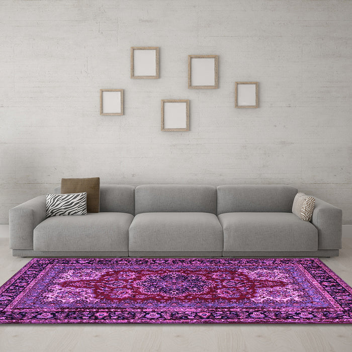 Machine Washable Medallion Purple Traditional Area Rugs in a Living Room, wshtr1696pur