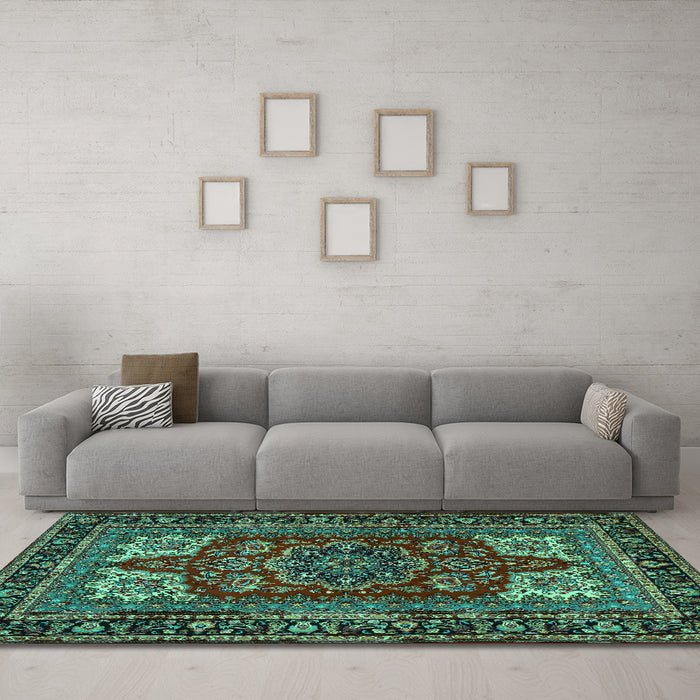Machine Washable Medallion Turquoise Traditional Area Rugs in a Living Room,, wshtr1696turq