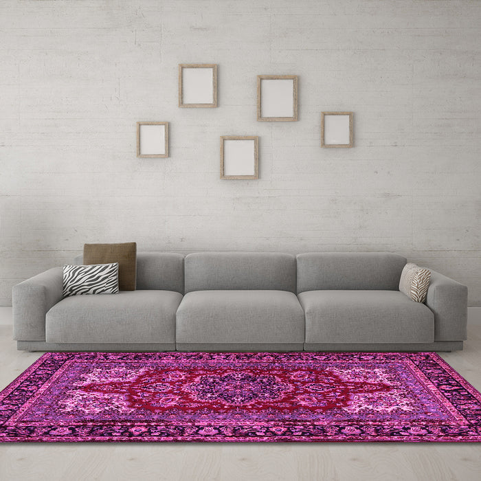 Machine Washable Medallion Pink Traditional Rug in a Living Room, wshtr1696pnk