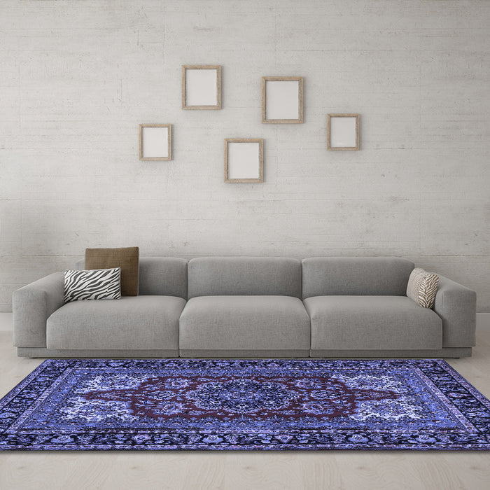 Machine Washable Medallion Blue Traditional Rug in a Living Room, wshtr1696blu