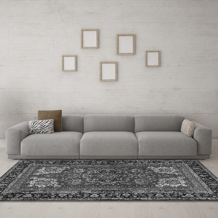 Machine Washable Medallion Gray Traditional Rug in a Living Room,, wshtr1696gry