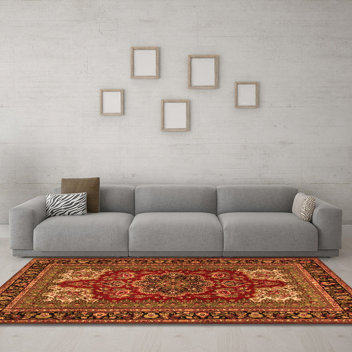 Machine Washable Medallion Orange Traditional Area Rugs in a Living Room, wshtr1696org