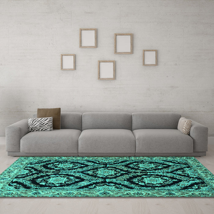 Machine Washable Persian Turquoise Traditional Area Rugs in a Living Room,, wshtr1698turq