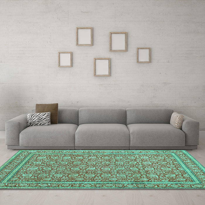 Machine Washable Persian Turquoise Traditional Area Rugs in a Living Room,, wshtr169turq