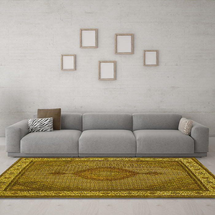 Machine Washable Medallion Yellow Traditional Rug in a Living Room, wshtr16yw