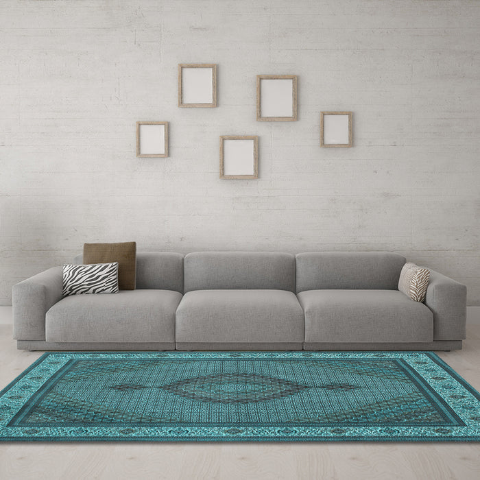 Machine Washable Medallion Light Blue Traditional Rug in a Living Room, wshtr16lblu