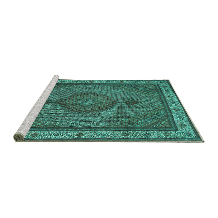 Sideview of Machine Washable Medallion Turquoise Traditional Area Rugs, wshtr16turq
