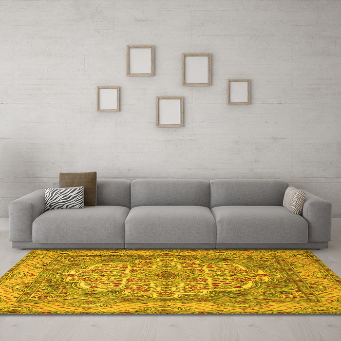Machine Washable Medallion Yellow Traditional Rug in a Living Room, wshtr1700yw