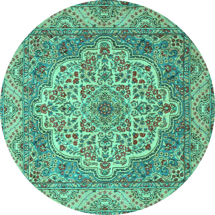 Round Machine Washable Medallion Turquoise Traditional Area Rugs, wshtr1700turq