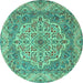 Round Machine Washable Medallion Turquoise Traditional Area Rugs, wshtr1700turq