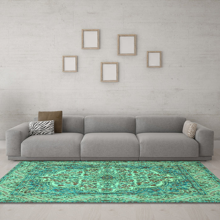 Machine Washable Medallion Turquoise Traditional Area Rugs in a Living Room,, wshtr1700turq
