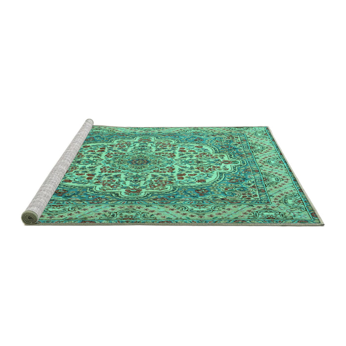 Sideview of Machine Washable Medallion Turquoise Traditional Area Rugs, wshtr1700turq