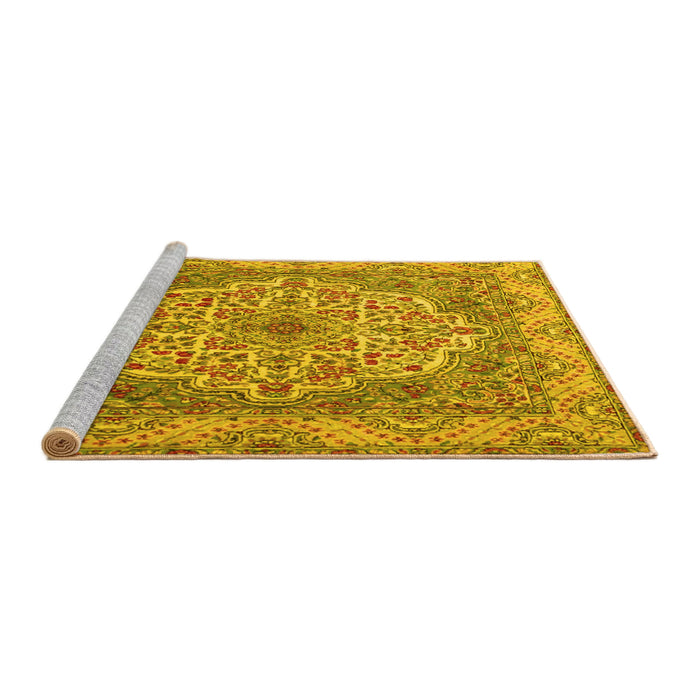 Sideview of Machine Washable Medallion Yellow Traditional Rug, wshtr1700yw