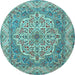 Round Machine Washable Medallion Light Blue Traditional Rug, wshtr1700lblu